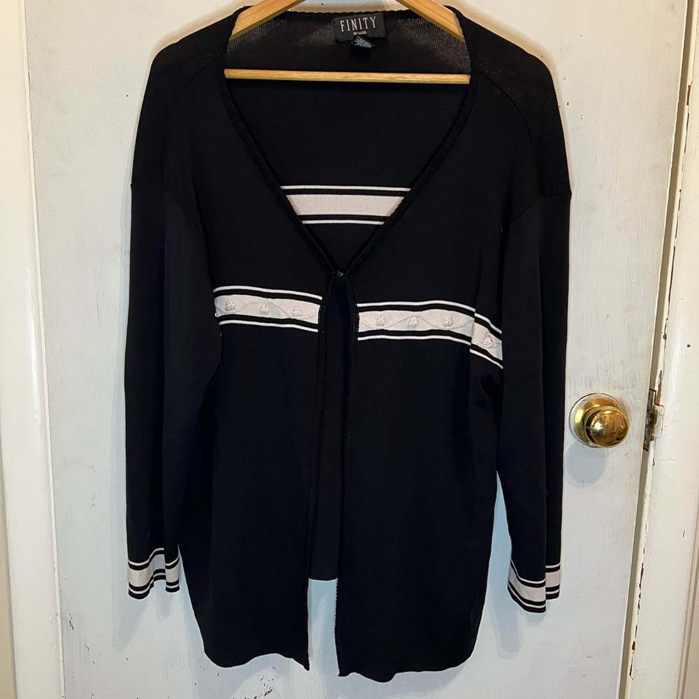 Plus Size Black White Striped Floral One Button Closure Cardigan Sweater Top